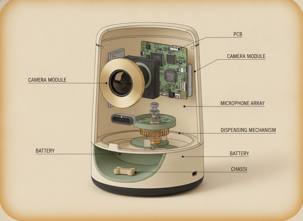Pawvlov M technical cross-section cutaway showing bayonet lid, treat hopper, OV5640 camera, MEMS mic array, N20 motor with Delrin auger inside acoustic foam chamber, 4-layer PCB, 40mm speaker, sage TPE tray, RGBW LED base ring, USB-C port, and steel ballast disc.