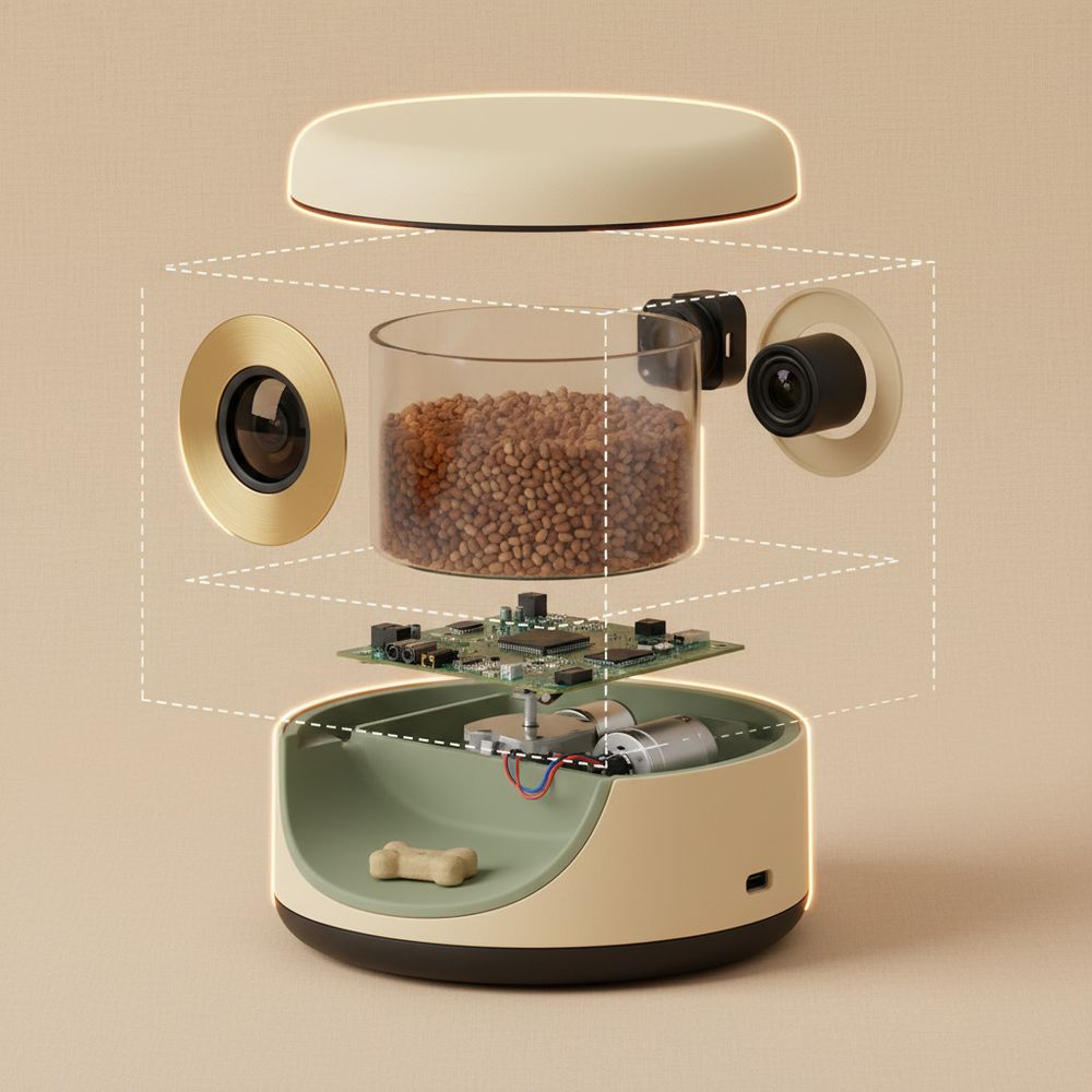 Pawvlov M exploded engineering render: hopper lid, treat chamber, acoustic-foam dispense chamber with motor and auger, camera, microphone array, main PCB, speaker, LED ring, USB-C port, ballast disc, and sage TPE tray separated vertically.
